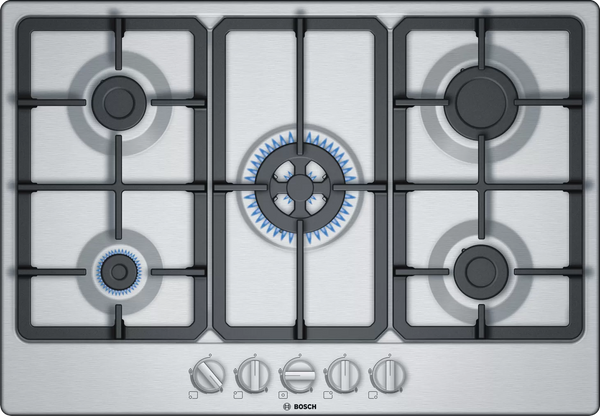 Bosch Series 4 Gas Hob 75cm | Surface Colour | Continuous Cast-Iron Pan Supports | PGQ7B5B90