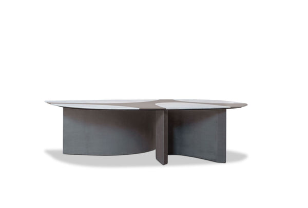 Baxter Ronchamp Table - Top Gioia/Grey Marble With Legs Upholstered in Kashmir Plomb Leather